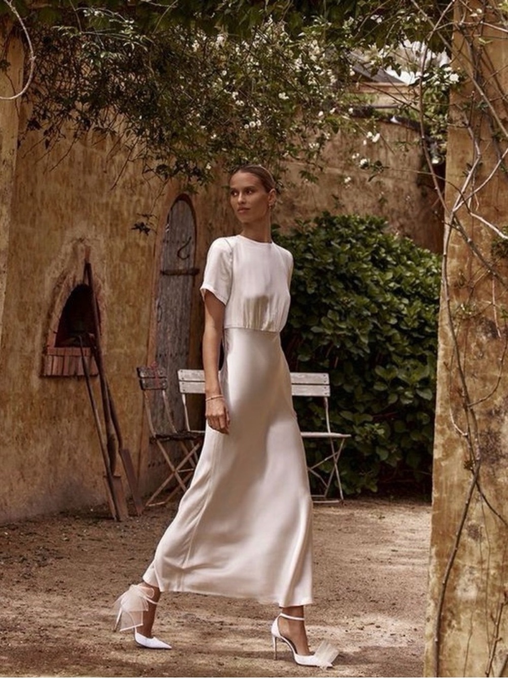DISSH Ivory Satin Maxi Dress with Short Sleeve Bodice